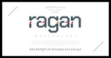 Ragan Creative modern alphabet. Dropped stunning font, type for futuristic logo, headline, creative lettering and maxi typography. Minimal style letters with yellow spot. Vector typographic desi