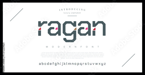Ragan Creative modern alphabet. Dropped stunning font, type for futuristic logo, headline, creative lettering and maxi typography. Minimal style letters with yellow spot. Vector typographic desi
