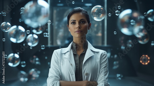 Portrait of european female doctor with soap bubbles floating around, futuristic and sleek, nourishing and moisturizing concept