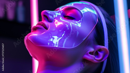 woman getting innovative top-notch beauty treatment in futuristic salon, modern interior, realistic, new technologies: face mask and neon light