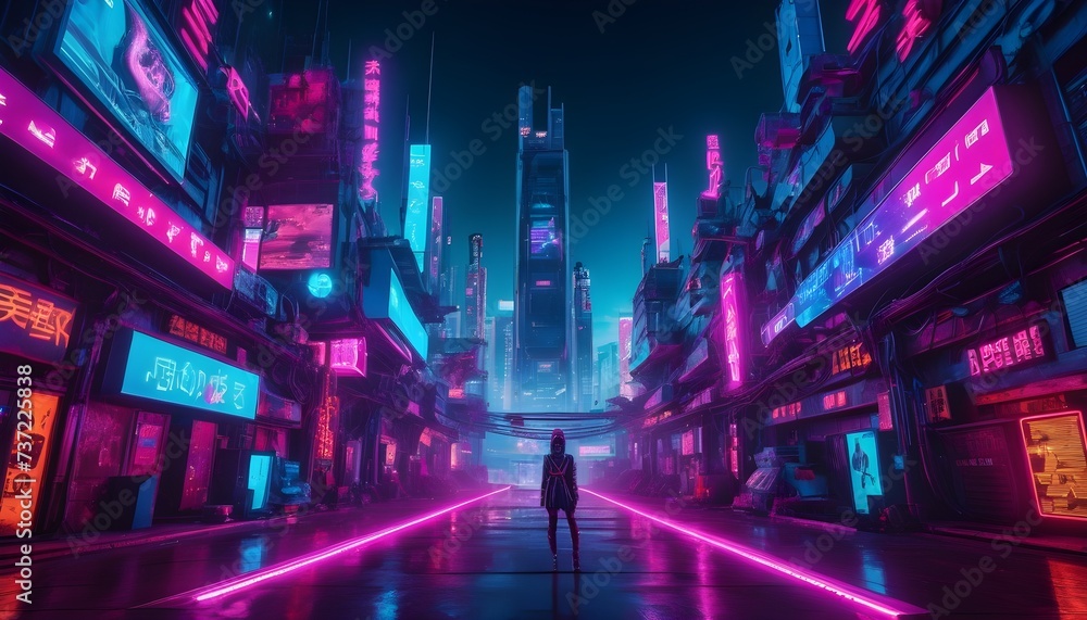 Cyberpunk city road background, girl silhouette in the middle