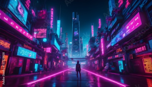Cyberpunk city road background  girl silhouette in the middle