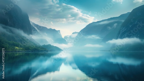 Misty fjords of Norway at dawn, calming rhythms, serene reflections in still waters  photo