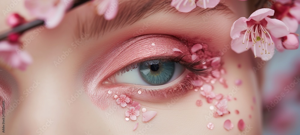close up macro shot of woman eye with make up, pink cherry blossom with metallic glitter glow eyeshadow, Generative Ai close up macro shot of woman eye with make up, pink cherry blossom with metallic glitter glow eyeshadow, Generative Ai