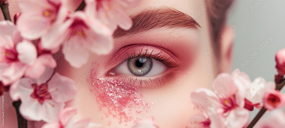 close up macro shot of woman eye with make up, pink cherry blossom with metallic glitter glow eyeshadow, Generative Ai close up macro shot of woman eye with make up, pink cherry blossom with metallic glitter glow eyeshadow, Generative Ai