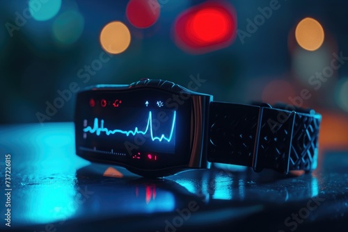 A detailed view of a watch placed on a table, showing its intricate design and craftsmanship, A wearable health monitor tracking vital signs, AI Generated