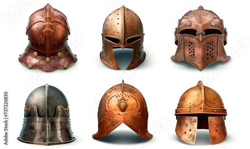 Battle medieval and ancient helmets. History armored 3d headdress with visor and protective plates made of metal and bronze with chain mail ornament