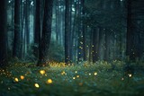 This photo showcases a dense forest illuminated by countless yellow fireflies, A whimsical display of fireflies emerging at dusk in a dense forest, AI Generated