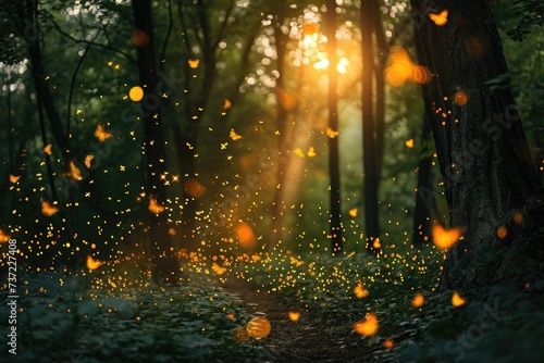 A vibrant forest illuminated by countless yellow fireflies fluttering among the trees, A whimsical display of fireflies emerging at dusk in a dense forest, AI Generated