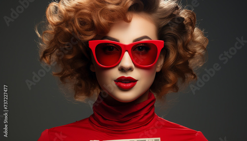 Beautiful woman with curly hair and sunglasses, looking at camera generated by AI