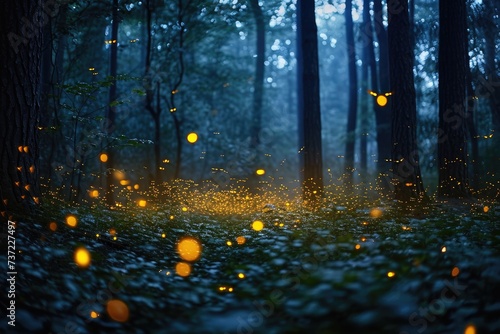A mesmerizing forest scene filled with numerous fireflies emitting a radiant yellow glow, A whimsical display of fireflies emerging at dusk in a dense forest, AI Generated