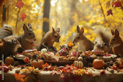 Multiple squirrels gathered around a table, actively consuming food, A whimsical image of animals participating in their own Thanksgiving feast, AI Generated photo