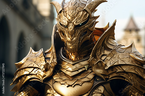 AI generated portrait of a medieval hero fantasy male personage in golden medieval armor