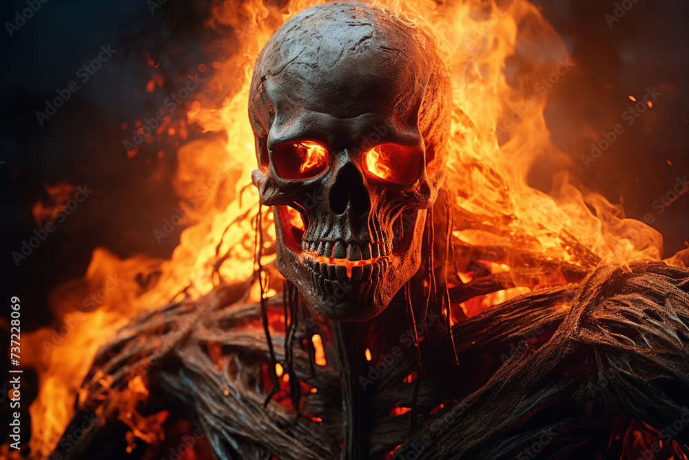 AI generated fantasy scene of an ugly humanoid monster burning blurred background AI generated fantasy scene of an ugly humanoid monster burning blurred background