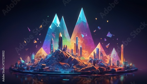 Low poli holo landscape of a round island with mountains and a city with skyscrapers  photo