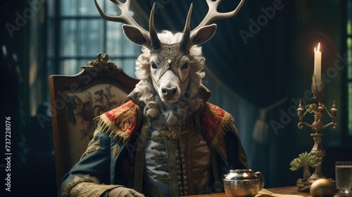 Realistic lifelike Deer in renaissance regal medieval noble royal outfits, commercial, editorial advertisement, surreal surrealism. 18th-century historical