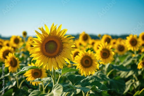 A vibrant field of sunflowers underneath a clear blue sky, A wide expansive sunflower field under a clear blue sky, AI Generated © Ifti Digital
