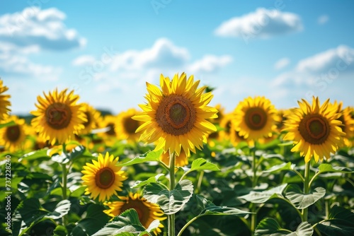 A picturesque field filled with vibrant sunflowers stretching towards the blue sky  A wide expansive sunflower field under a clear blue sky  AI Generated