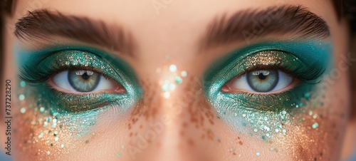 close up macro shot of woman eye with make up, green smoky eye glitter glow, Generative Ai photo