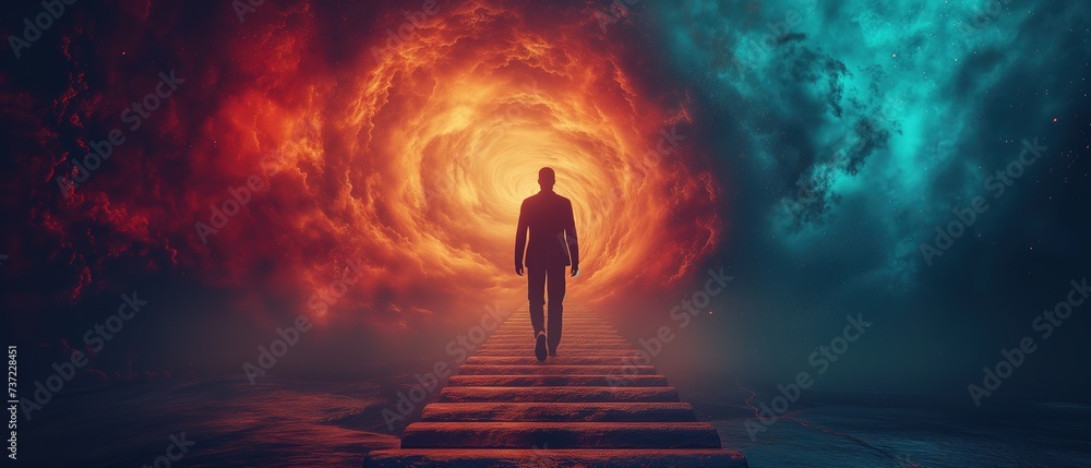 silhouette of a business man walking up on ladder to the higher level with light shine from horizon, attempt, dream and successful concept, Generative Ai