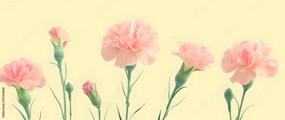 Obraz premium Blooming Elegance: A Serene Display of Pink Carnations Against a Soft Yellow Backdrop