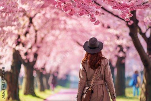 A woman wearing a hat is walking down a path surrounded by trees, A woman strolling under cherry blossom trees, AI Generated