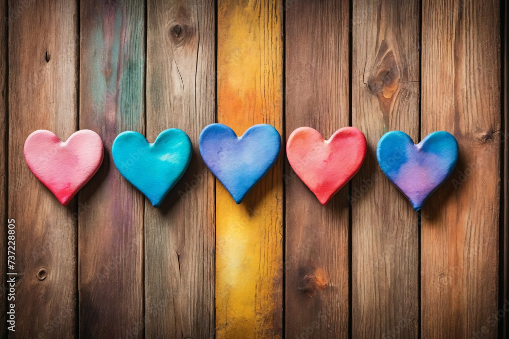 Fototapeta premium Watercolor artwork and colorful small hearts on an old wooden wall background. Vibrant Watercolor Art Abstract colorful paintings with textured grunge designs