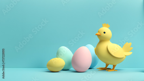 Festive 3D Cute Chicken with an Array of Vibrant Easter Eggs on Cheerful Blue Pastel Background. Portraying Easter Festivity for Social Media, Poster, Website Banner. photo
