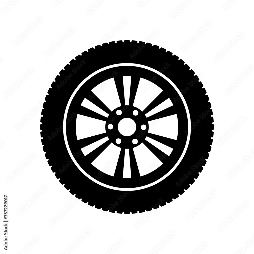 Car Wheel or Car Tire Icon Symbol. Vector Illustration Isolated on White Background. 