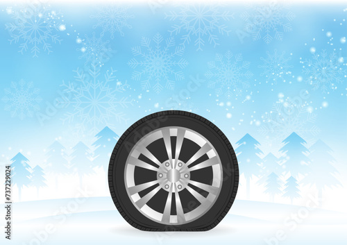 Flat Tire in Winter Season. Vector Illustration. 