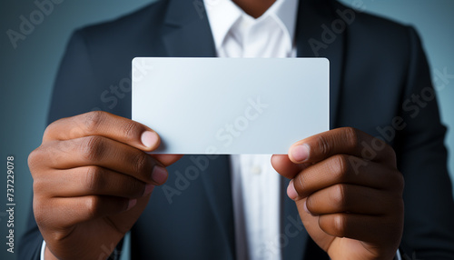 Successful businessman showing empty business card in close up studio shot generated by AI
