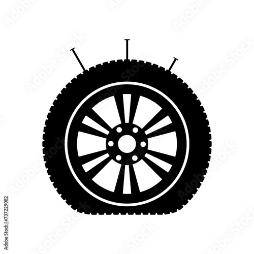 Flat Tire Icon Symbol or Punctured Wheel Vector Illustration. 