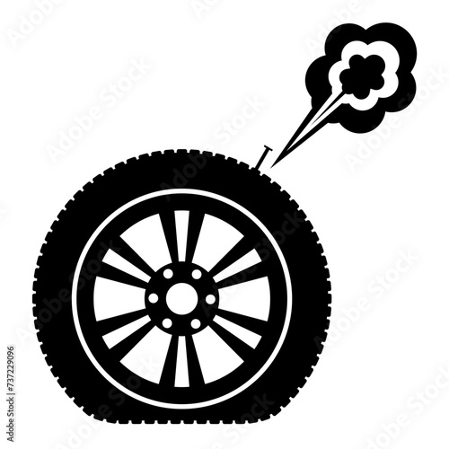 Flat Tire Icon Symbol or Punctured Wheel Vector Illustration. 