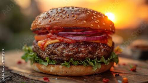 Gourmet Cheeseburger with Fresh Toppings and Sunset Backdrop