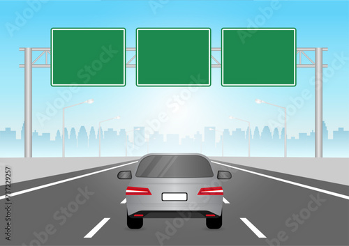 Car Driving on Asphalt Highway Road. Vector Illustration. 