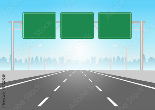 Empty Asphalt Highway Road with Traffic Sign. Vector Illustration. 