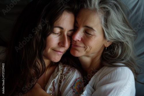 Portrait of a loving couple of middle-aged lesbians cuddling, embracing tenderly, smiling, their faces express happiness, wellbeing and intimacy, beautiful close-up view and wonderful relationship