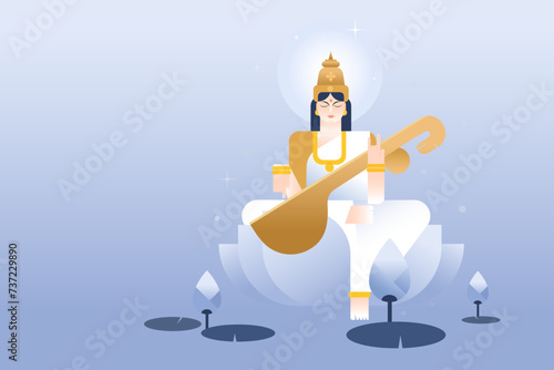 Illustration of Indian goddess 'Saraswati' sitting on lotus