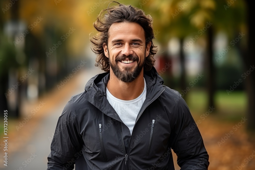 Young bearded happy man in sports clothes runs through the autumn park Young bearded happy man in sports clothes runs through the autumn park