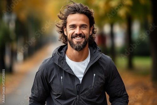 Young bearded happy man in sports clothes runs through the autumn park