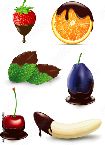 vector illustration chocolate covered many different fruits