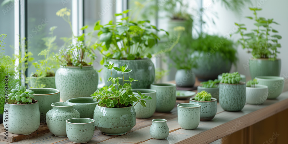 Fototapeta premium Fresh Green Plants in Decorative Pots for Indoor Gardening