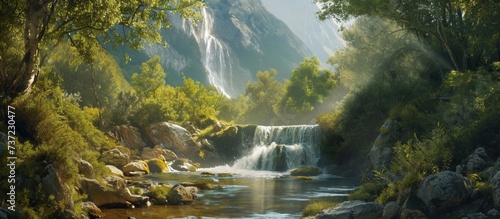 Scenic mountain stream with a waterfall in a ravine on a spring day.