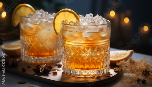 Refreshing cocktail on wooden table, citrus fruit slice adds freshness generated by AI