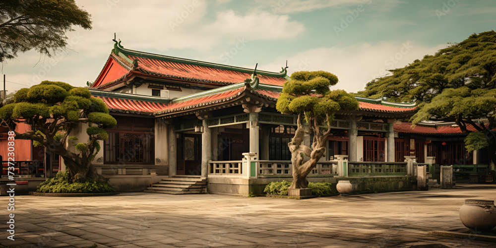 Naklejka premium KAOHSIONG, TAIWAN, Kaohsiung Martyrs' Shrine is a Chinese traditional vintage style architecture, Taipei Confucius Temple in Taipei, Generative AI