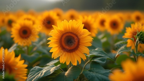 Yellow Sunflowers in Field on Sunny Day - Contrast Focused Bright Color Palette Dark Amber and Orange - Selective Soft Focus Portraits Bright Bold Colors created with Generative AI Technology