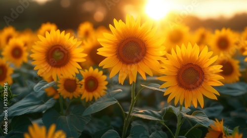 Yellow Sunflowers in Field on Sunny Day - Contrast Focused Bright Color Palette Dark Amber and Orange - Selective Soft Focus Portraits Bright Bold Colors created with Generative AI Technology