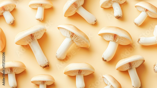 Natural edible mushrooms on tender beige background. Edible mushrooms backdrop. Concept of healthy sustainable food and organic products. Flat lay