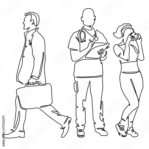 Line Illustration of three people with different careers: a businessman, a doctor, a photographer photo