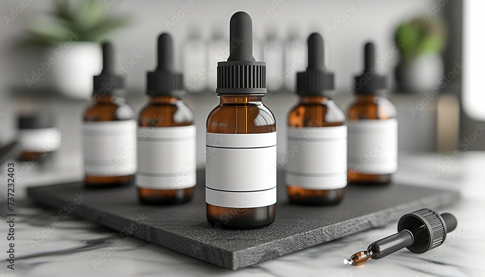 Multiple amber dropper bottles with blank white labels on a black slate coaster, in a modern kitchen setting. Multiple amber dropper bottles with blank white labels on a black slate coaster, in a modern kitchen setting.